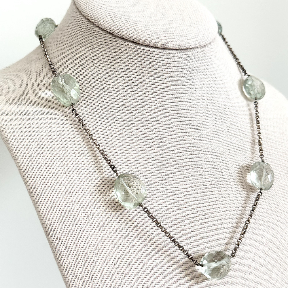 925 Sterling Silver Vintage Faceted Prasiolite Gemstone Ladies Necklace 19"